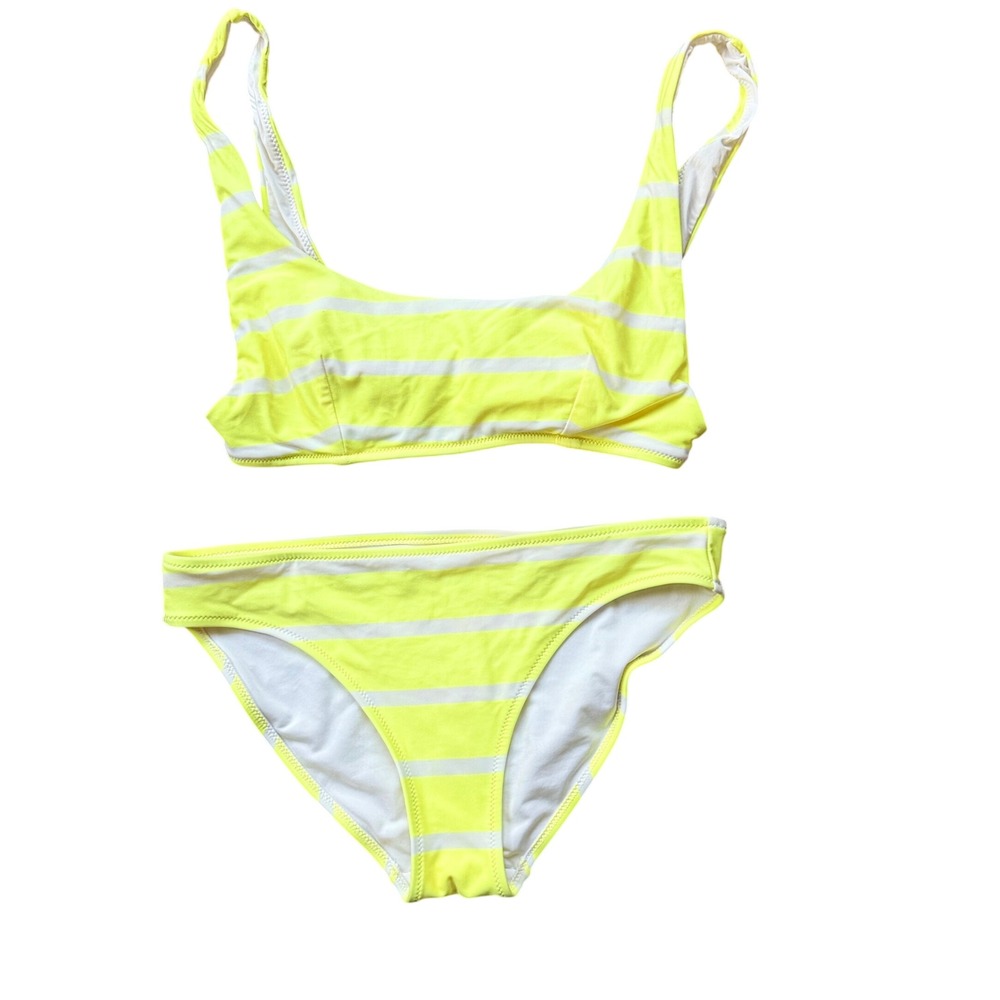 Aerie Bikini Set Women Medium Neon Yellow White Excellent Striped Scoop Neck